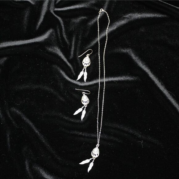 Vintage Sterling Silver Turquoise Bear Claw Feather Dangle Earrings Necklace Set - Picture 5 of 7